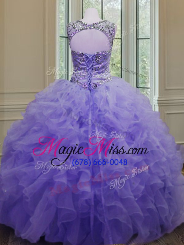 wholesale simple scoop floor length lavender quinceanera gowns organza sleeveless beading and ruffles