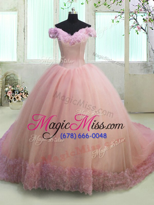 wholesale charming off the shoulder pink short sleeves organza court train lace up sweet 16 dresses for military ball and sweet 16 and quinceanera