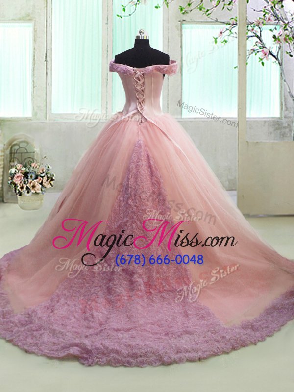 wholesale charming off the shoulder pink short sleeves organza court train lace up sweet 16 dresses for military ball and sweet 16 and quinceanera