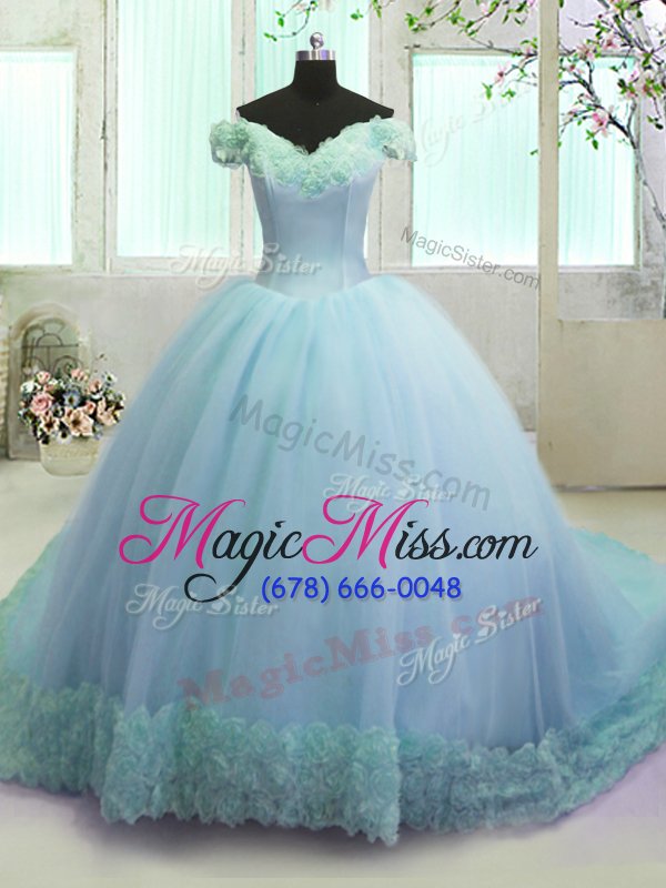 wholesale dramatic off the shoulder sleeveless court train hand made flower lace up 15th birthday dress