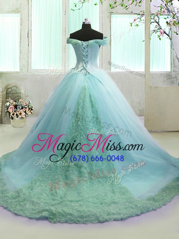 wholesale dramatic off the shoulder sleeveless court train hand made flower lace up 15th birthday dress