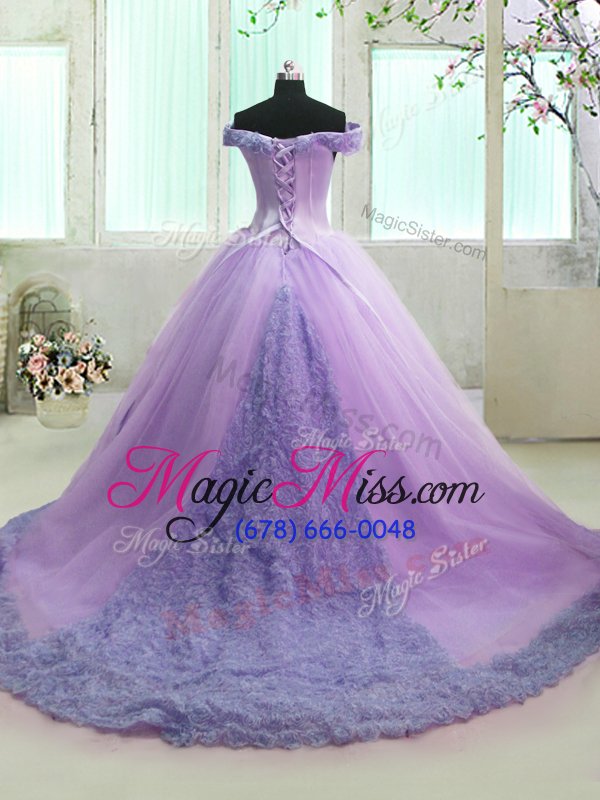 wholesale excellent off the shoulder lilac short sleeves court train hand made flower with train quinceanera gowns