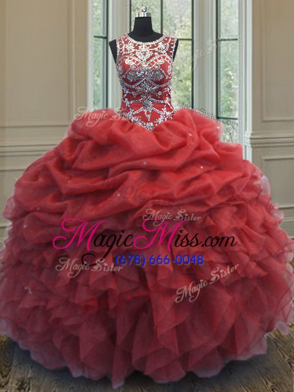 wholesale sweet scoop coral red sleeveless beading and ruffles and pick ups floor length sweet 16 dress