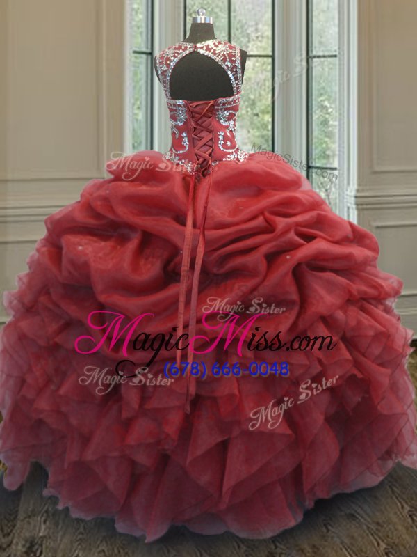 wholesale sweet scoop coral red sleeveless beading and ruffles and pick ups floor length sweet 16 dress