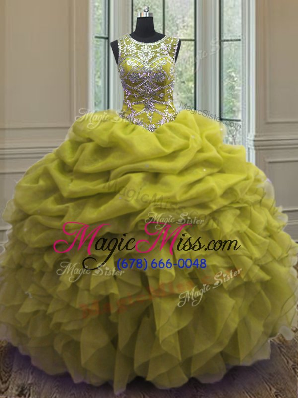 wholesale dramatic scoop yellow green organza lace up vestidos de quinceanera sleeveless floor length beading and ruffles and pick ups