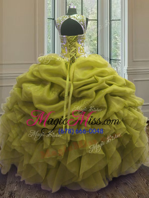 wholesale dramatic scoop yellow green organza lace up vestidos de quinceanera sleeveless floor length beading and ruffles and pick ups