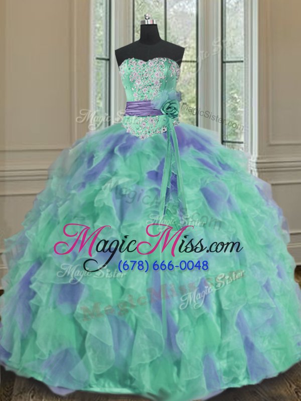 wholesale dramatic multi-color organza lace up quinceanera dress sleeveless floor length beading and appliques and ruffles and sashes|ribbons and hand made flower