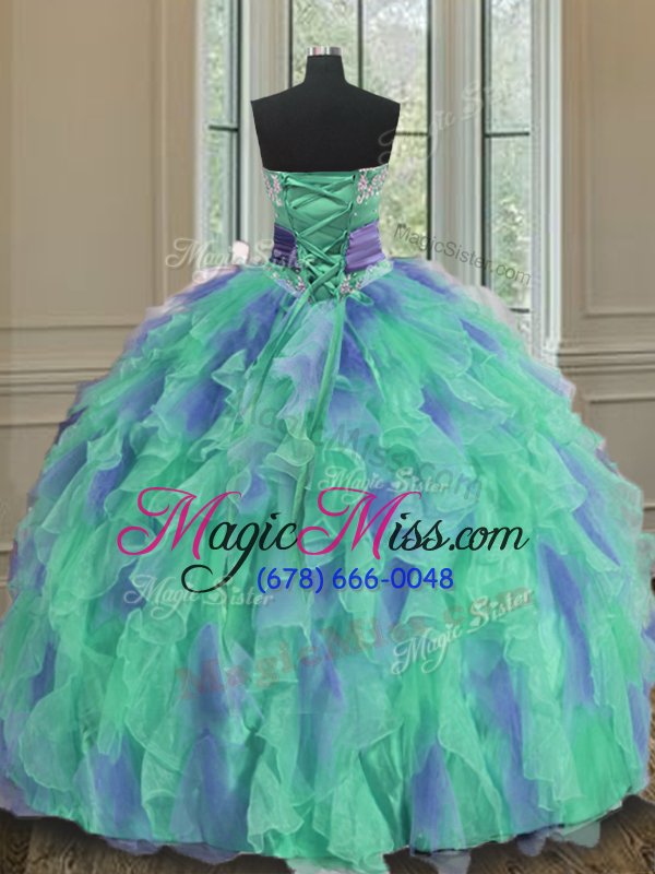 wholesale dramatic multi-color organza lace up quinceanera dress sleeveless floor length beading and appliques and ruffles and sashes|ribbons and hand made flower