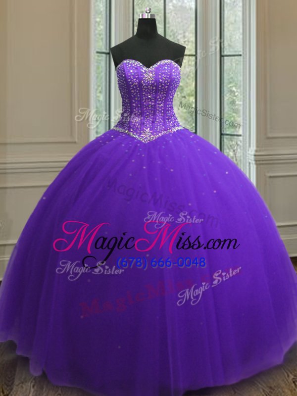 wholesale discount tulle sweetheart sleeveless lace up beading and sequins ball gown prom dress in purple