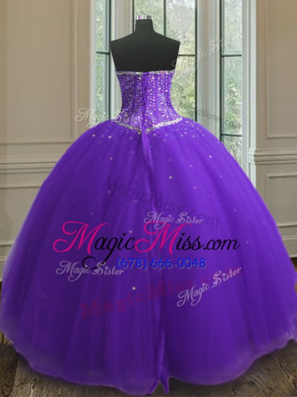 wholesale discount tulle sweetheart sleeveless lace up beading and sequins ball gown prom dress in purple