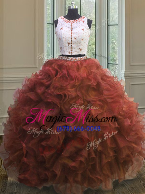 wholesale clasp handle scoop sleeveless quinceanera gown floor length appliques and ruffles rust red organza