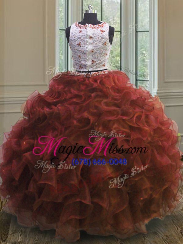 wholesale clasp handle scoop sleeveless quinceanera gown floor length appliques and ruffles rust red organza