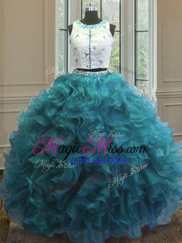 wholesale beautiful scoop teal clasp handle 15 quinceanera dress beading and ruffles sleeveless floor length
