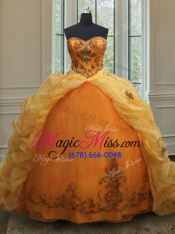 wholesale customized pick ups orange sleeveless organza court train lace up quinceanera gown for military ball and sweet 16 and quinceanera