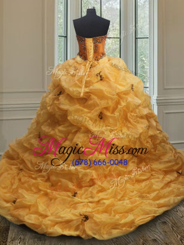 wholesale customized pick ups orange sleeveless organza court train lace up quinceanera gown for military ball and sweet 16 and quinceanera