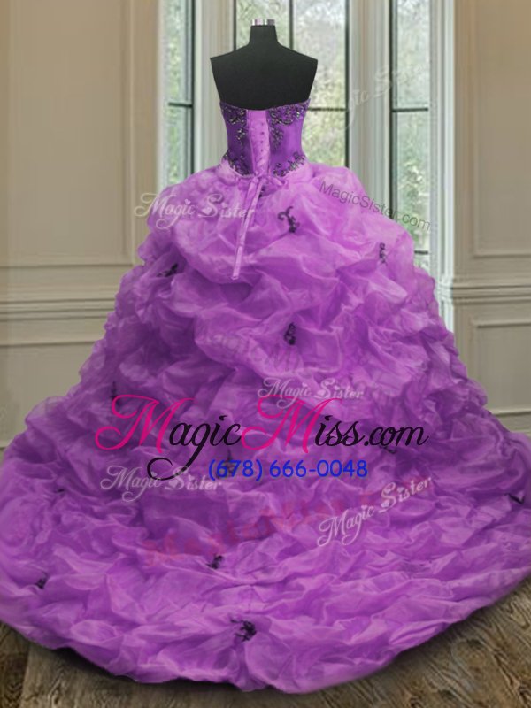wholesale beauteous purple organza lace up vestidos de quinceanera sleeveless with train court train beading and appliques and pick ups