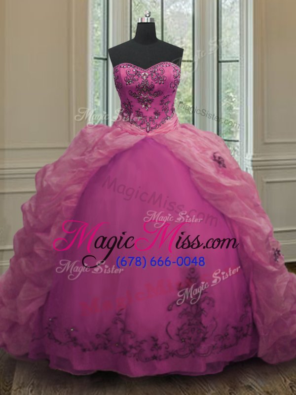 wholesale ideal with train fuchsia quinceanera gowns organza court train sleeveless beading and appliques and pick ups