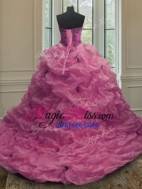 wholesale ideal with train fuchsia quinceanera gowns organza court train sleeveless beading and appliques and pick ups