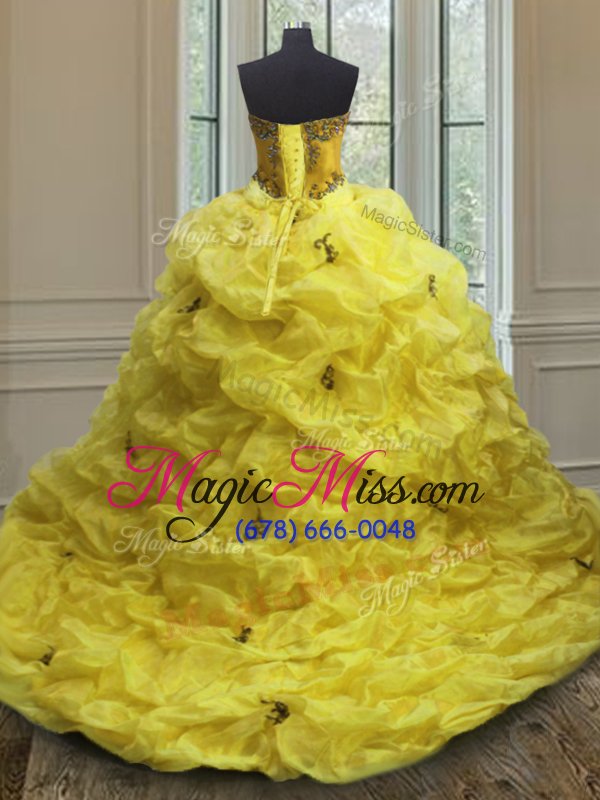 wholesale high class light yellow sleeveless court train beading and appliques and pick ups with train ball gown prom dress
