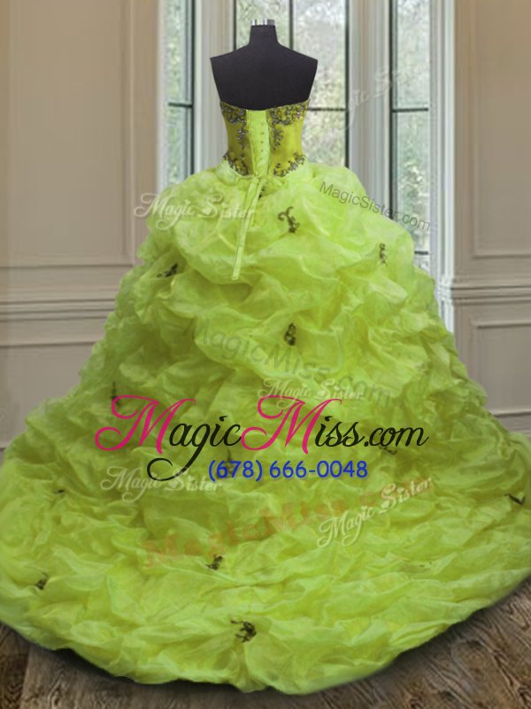 wholesale excellent yellow green lace up sweet 16 quinceanera dress beading and appliques and pick ups sleeveless with train court train