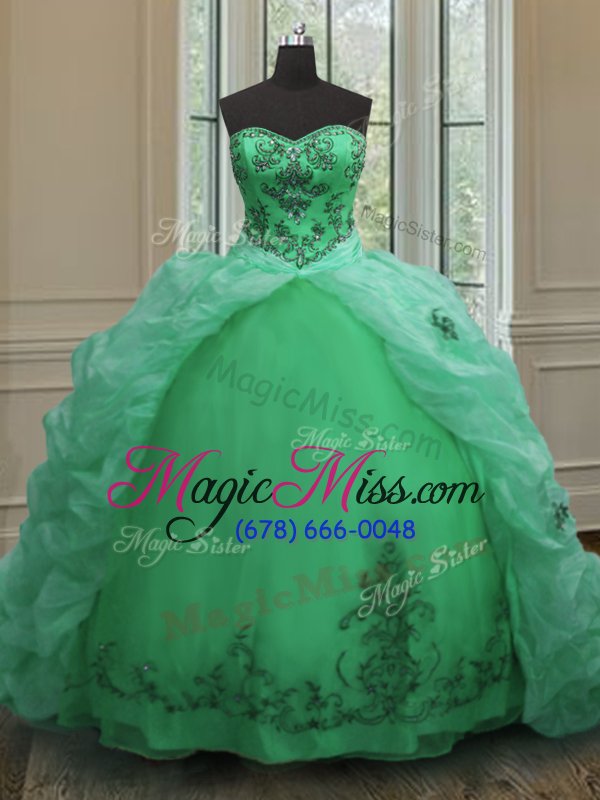 wholesale best selling pick ups court train ball gowns quince ball gowns green sweetheart organza sleeveless with train lace up