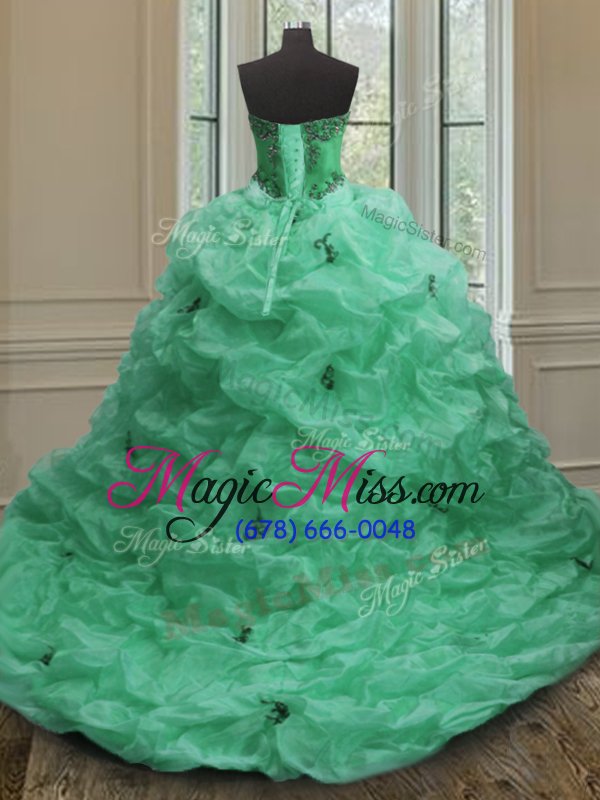 wholesale best selling pick ups court train ball gowns quince ball gowns green sweetheart organza sleeveless with train lace up