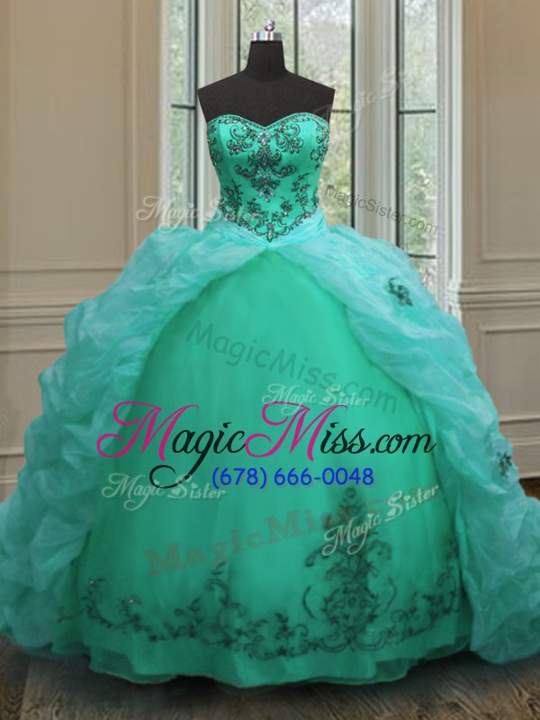 wholesale glamorous sleeveless with train beading and appliques and pick ups lace up vestidos de quinceanera with turquoise court train