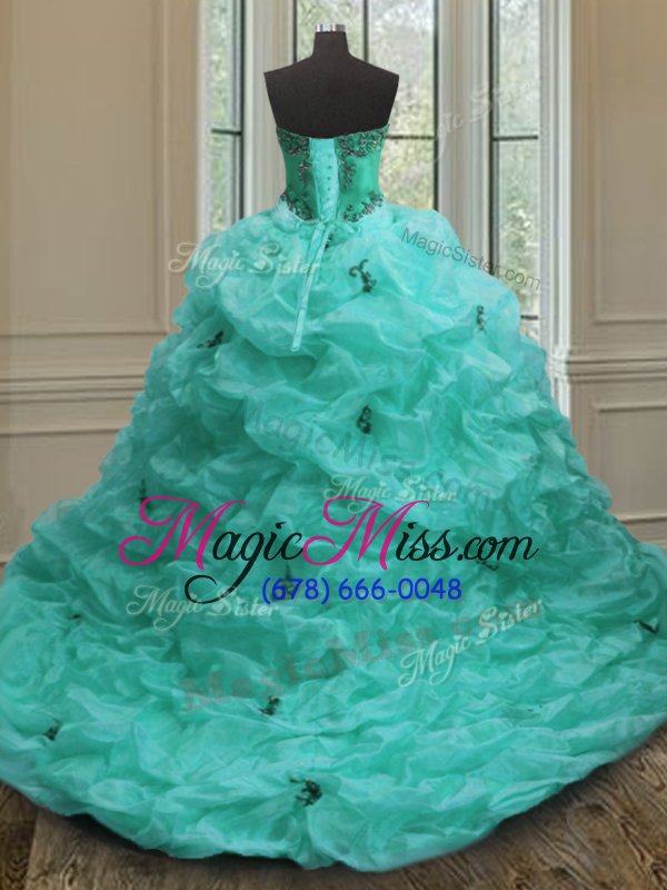 wholesale glamorous sleeveless with train beading and appliques and pick ups lace up vestidos de quinceanera with turquoise court train