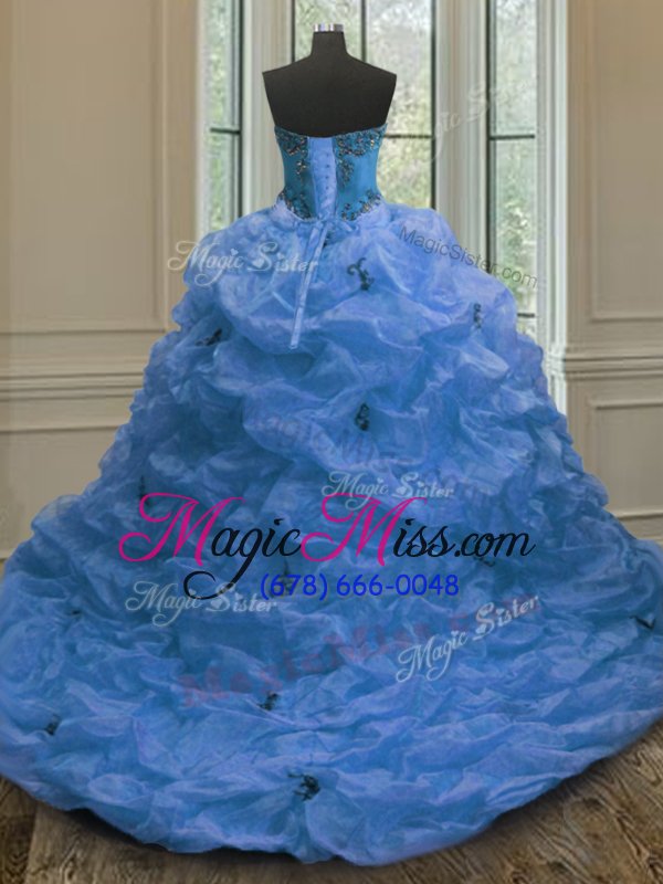 wholesale traditional pick ups court train ball gowns quinceanera gown blue sweetheart organza sleeveless with train lace up