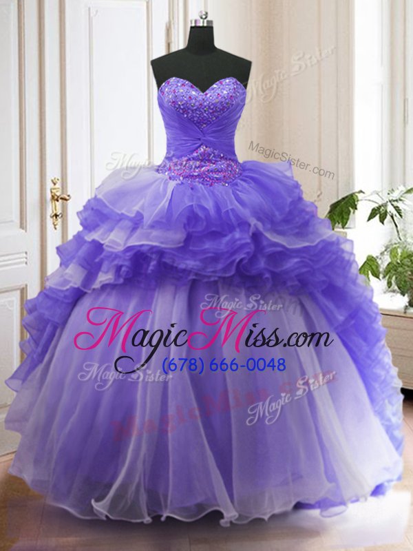 wholesale custom fit sleeveless with train beading and ruffled layers lace up ball gown prom dress with purple sweep train