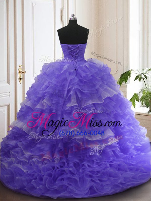 wholesale custom fit sleeveless with train beading and ruffled layers lace up ball gown prom dress with purple sweep train