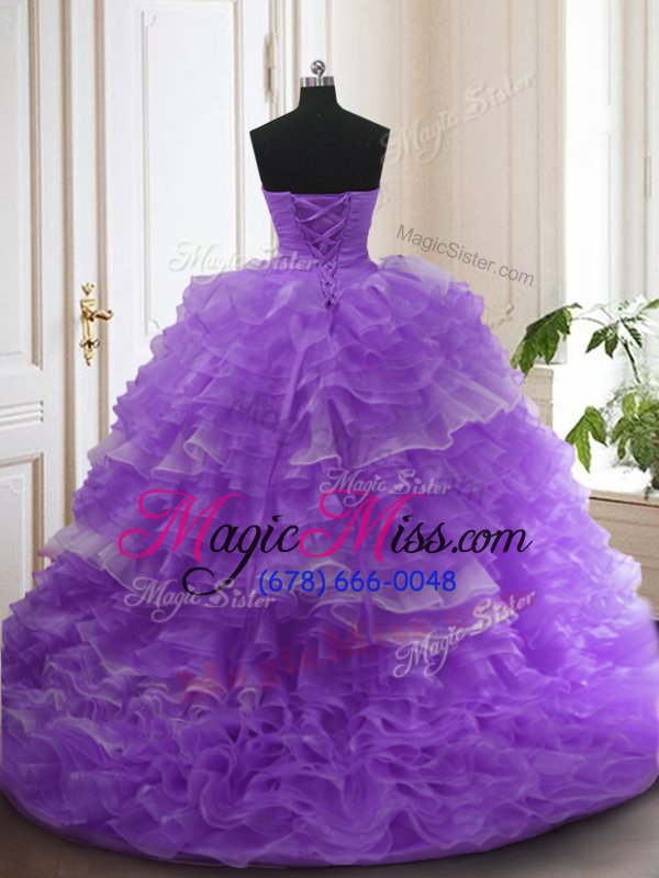 wholesale fabulous sleeveless sweep train beading and ruffled layers lace up quinceanera dress