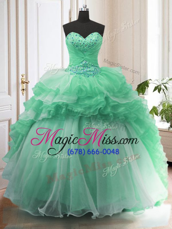 wholesale customized apple green lace up sweetheart beading quinceanera gown organza sleeveless sweep train