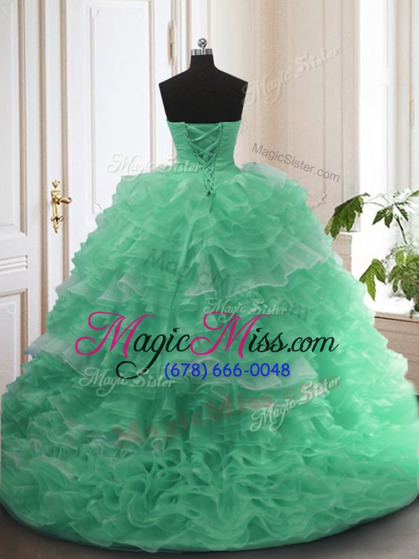 wholesale customized apple green lace up sweetheart beading quinceanera gown organza sleeveless sweep train