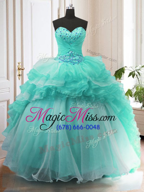 wholesale extravagant turquoise ball gowns beading and ruffles 15th birthday dress lace up organza sleeveless with train