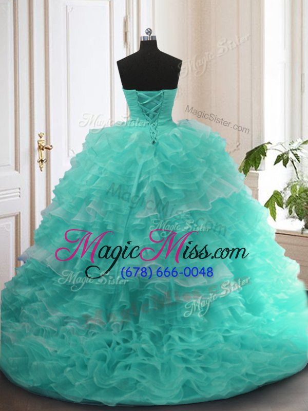 wholesale extravagant turquoise ball gowns beading and ruffles 15th birthday dress lace up organza sleeveless with train