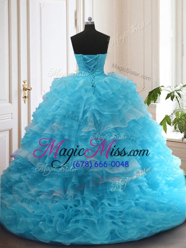 wholesale sweet beading and ruffled layers quince ball gowns baby blue lace up sleeveless sweep train