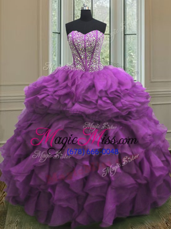 wholesale charming purple ball gowns organza sweetheart sleeveless beading and ruffles floor length lace up quinceanera dresses