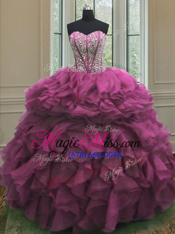 wholesale attractive fuchsia sleeveless floor length beading and ruffles lace up sweet 16 dress