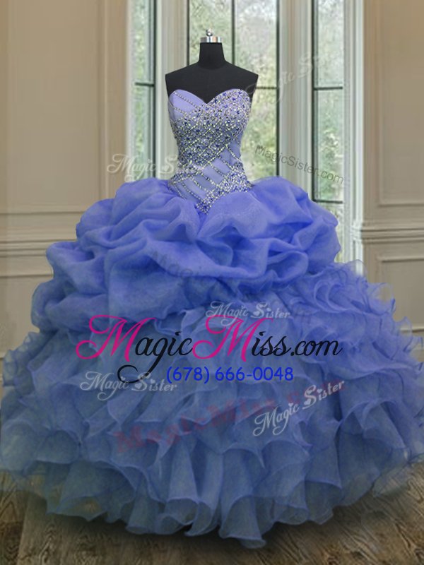 wholesale superior floor length blue quinceanera dress organza sleeveless beading and ruffles and pick ups