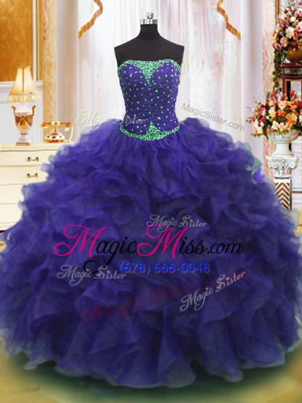 wholesale high class ball gowns quinceanera dresses purple strapless organza sleeveless floor length lace up