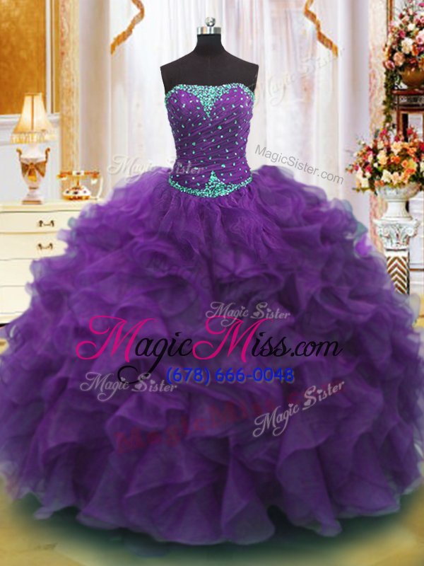 wholesale purple ball gowns beading and ruffles sweet 16 dresses lace up organza sleeveless floor length