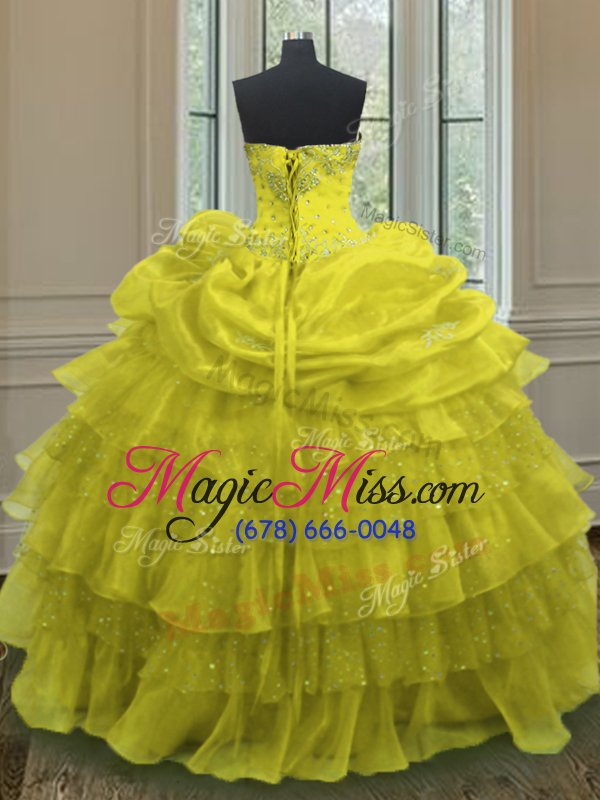 wholesale romantic sleeveless floor length beading and ruffled layers and pick ups lace up ball gown prom dress with yellow