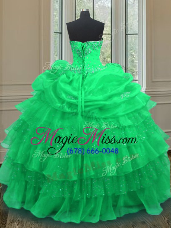 wholesale high quality green organza lace up halter top sleeveless floor length quinceanera dress beading and ruffled layers and pick ups