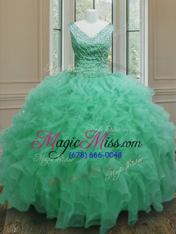 wholesale fitting apple green ball gowns v-neck sleeveless organza floor length zipper beading and ruffles ball gown prom dress