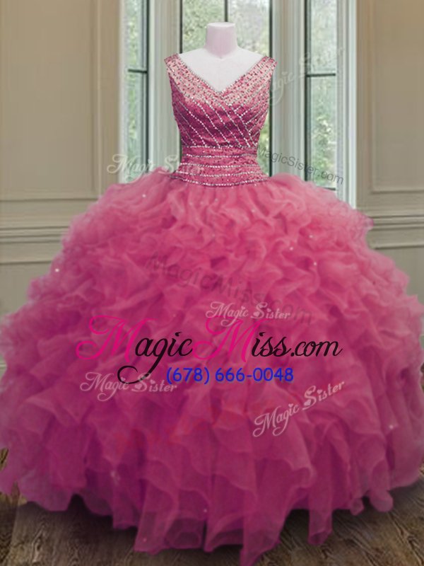 wholesale sumptuous hot pink ball gowns beading and ruffles ball gown prom dress zipper organza sleeveless floor length