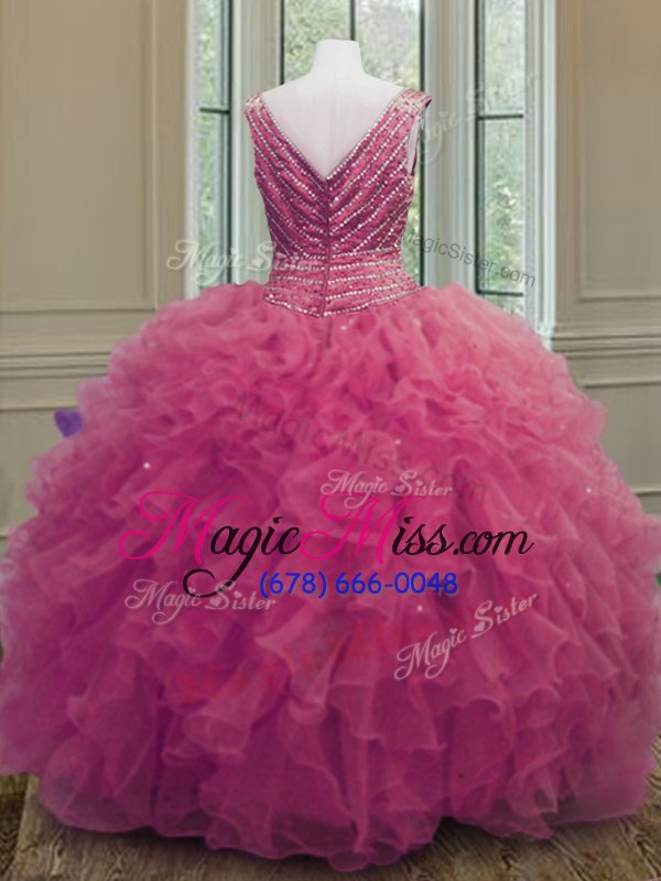 wholesale sumptuous hot pink ball gowns beading and ruffles ball gown prom dress zipper organza sleeveless floor length