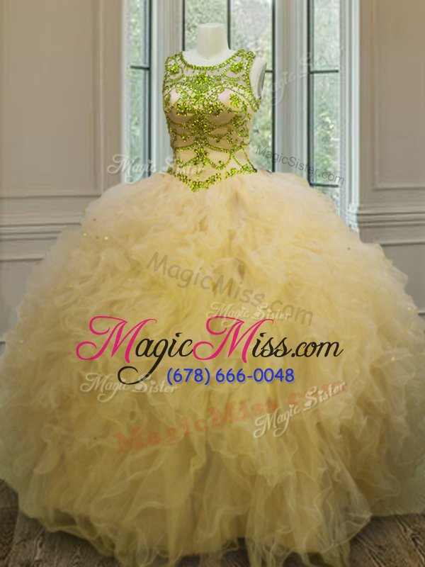 wholesale glamorous scoop light yellow sleeveless beading and ruffles floor length quinceanera dresses