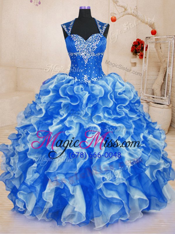 wholesale super sleeveless floor length beading and ruffles lace up quinceanera gowns with royal blue