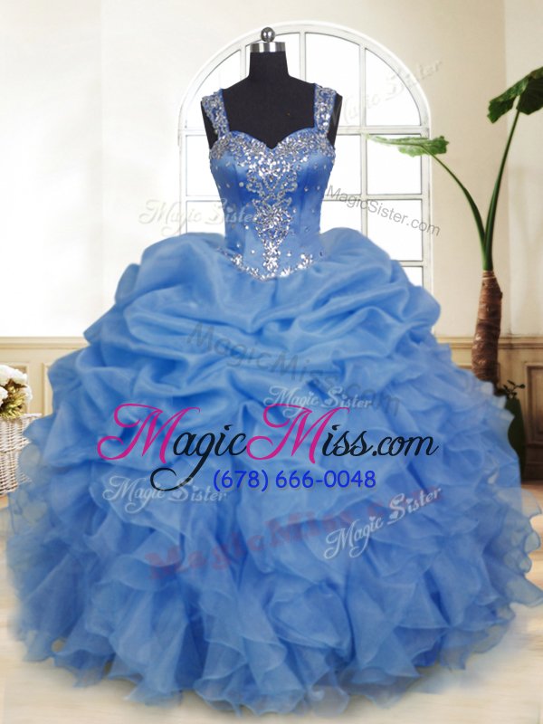 wholesale flirting sleeveless organza floor length zipper quince ball gowns in blue for with beading and ruffles and pick ups